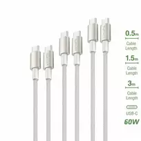 4Smarts USB-C to USB-C PremiumCord 60W Set of 3 0.5M+1.5M+3M baltas / sidabrinis