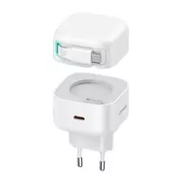 USAMS įkroviklis 1xUSB-C su ištraukiamu USB-C laidu (tik antgalis) PD+QC 35W Gan greitas įkrovimas baltos spalvos