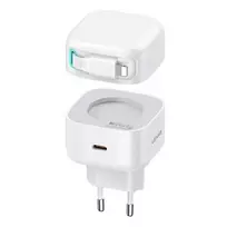 USAMS įkroviklis 1xUSB-C su ištraukiamu laidu „Lightning“ (tik antgalis) PD+QC 35W Gan greitas įkrovimas baltos spalvos