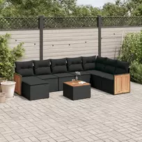 Lauko baldų komplektas Sodo komplektas su pagalvėlėmis, 9 dalių, juodas, poliratanas