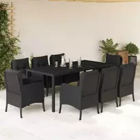 Lauko baldų komplektas Sodo komplektas su pagalvėlėmis, 9 dalių, juodas, poliratanas