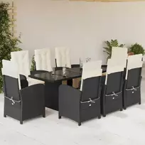 Lauko baldų komplektas Sodo komplektas su pagalvėlėmis, 9 dalių, juodas, poliratanas