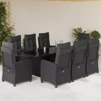 Lauko baldų komplektas Sodo komplektas su pagalvėlėmis, 9 dalių, juodas, poliratanas