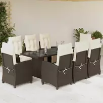 Lauko baldų komplektas Sodo komplektas su pagalvėlėmis, 9 dalių, rudas, poliratanas