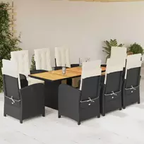 Lauko baldų komplektas Sodo komplektas su pagalvėlėmis, 9 dalių, juodas, poliratanas