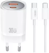 XO laidinis įkroviklis CE21 PD 30W 1x USB-C 1x USB baltos spalvos + kabelis USB-C - USB-C