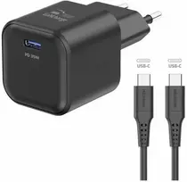 „Swissten“ kelioninis įkroviklis GaN USB-C 35 W PD + duomenų kabelis USB-C - USB-C 1,2 m