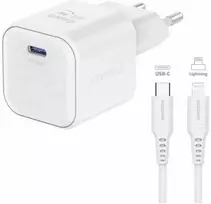 „Swissten“ kelioninis įkroviklis GaN USB-C 20 W PD + duomenų kabelis USB-C – „Lightning“ 1,2 m