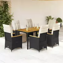 Lauko baldų komplektas Sodo bistro komplektas su pagalvėmis, 7 dalių, juodas, ratanas