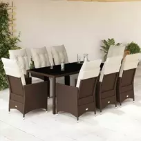 Lauko baldų komplektas Bistro komplektas su pagalvėlėmis, 9 dalių, rudas, poliratanas