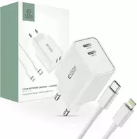 Tech Protect Sieninis įkroviklis 2x USB-C PD 35W + Cable USB-C – Lightning baltos spalvos