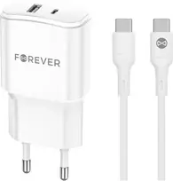 Forever TC-01-20AC PD QC įkroviklis 1x USB-C 1x USB 20W baltos spalvos + USB-C - USB-C kabelis 20W