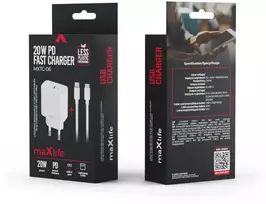 Maxlife MXTC-06-20C PD QC įkroviklis 1x USB-C 20W baltos spalvos + USB-C - Lightning kabelis 20W