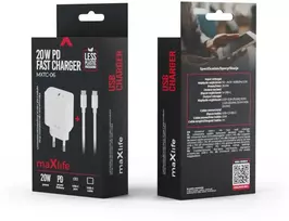 Maxlife MXTC-06-20C PD QC įkroviklis 1x USB-C 20W baltos spalvos + USB-C - USB-C kabelis 20W