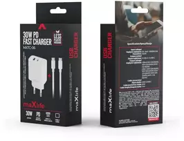 Maxlife MXTC-06-30AC PD QC įkroviklis 1x USB-C 1x USB 30W baltas + USB-C – USB-C laidas 60W