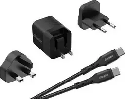 Energizer Ultimate – kelių kištukų ES / JK / JAV GaN 20 W PD maitinimo įkroviklis + USB-C laidas (juodas)