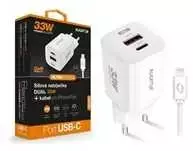 ALIGATOR išmanusis tinklo įkroviklis GaN, PD 33W, USB-A + USB-C, Lightning laidas, baltas