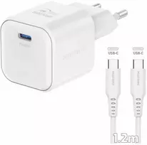 SWISSTEN Tinklo adapteris GaN USB-C + duomenų kabelis USB-C - USB-C 20W 1,2 m baltas