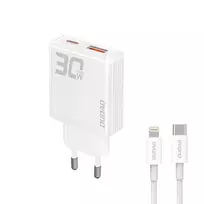 GaN Dudao A30EUL 30W USB-A / USB-C laidinis įkroviklis + USB-C – Lightning kabelis – baltos spalvos