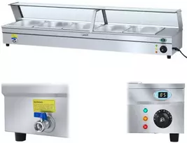 Royal Catering Bain-marie vandens šildytuvas su čiaupu ir stikliniu dangteliu 2200W 30L + 5x GN1/2 talpa