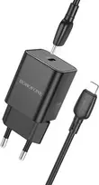 Oem Borofone Laidinis įkroviklis BN13 Safety GaN – Type C – PD 30W su Type C į Lightning kabeliu juodos spalvos