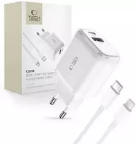 Tech-Protect C20W USB-C PD 20W / USB-A QC 3.0 įkroviklis su USB-C / Lightning kabeliu – baltas