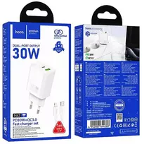 Telefono įkroviklis Hoco USB A + USB C QC3.0 PD 3A 30W + laidas USB C į Lightning N63 baltas
