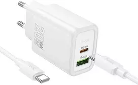 Telefono įkroviklis Hoco USB A + USB C QC3.0 PD 3A 20W + laidas USB C į USB C N61 baltas