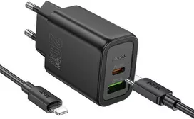 Telefono įkroviklis Hoco USB A + USB C QC3.0 PD 3A 20W + laidas USB C į USB C N61 juodas