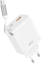 XO laidinis įkroviklis CE31 1x USB 1x USB-C 30W baltos spalvos su retractable USB-C kabeliu