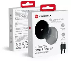 Belaidis įkroviklis Forcell F-Energy Smart Charge USB C Qi2 15W, suderinamas su MagSafe, su nuimamu laidu, 1,5 m ilgio, sidabrinis