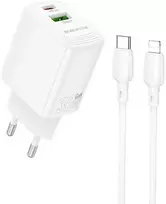 Borofone laidinis įkroviklis BN29 Fuente - USB + Type C - QC 3.0 PD 30W su Type C į Lightning kabeliu baltos spalvos