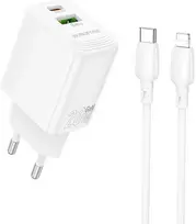 Borofone laidinis įkroviklis BN27 Fuente – USB + Type C – QC 3.0 PD 20W su Type C į Lightning kabeliu baltos spalvos