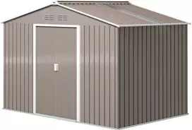 Outsunny cinkuoto plieno įrankių namelis 4,9 m² 277x195x192 cm, sodo namelis su šlaitiniu stogu, pamatu, rakinamomis stumdomomis durimis ir vėdinimu, šviesiai pilkas