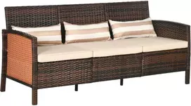 Outsunny rotango sodo poilsio sofa, trivietė su pagalvėlėmis, plienas, ruda, 173 x 68 x 78 cm