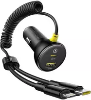 Baseus Circular 60W USB-A + USB-C automobilinis įkroviklis su Built-in Lightning + USB-C Kabelis 1.4m - juodos spalvos
