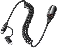 Automobilinis įkroviklis 45W su kabeliu 2in1 USB-C + Lightning Remax Ruichy Series RCC356 juodos spalvos