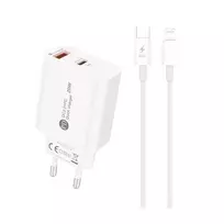 Hurtel A6MaxL 20W USB-A USB-C laidinis įkroviklis su 1m USB-C – Lightning kabelis – baltos spalvos