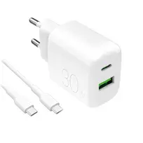 Puro PROLITE 30W USB-A / USB-C sieninis įkroviklis + USB-C – USB-C laidas 1.2m – baltos spalvos