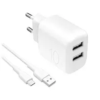 Puro PROLITE 10W 2x USB-A sieninis įkroviklis + USB-A – USB-C kabelis 1.2m – baltos spalvos