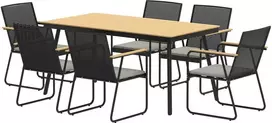 Lauko baldų komplektas Outsunny 7 dalių sėdimų baldų komplektas, metalinis valgomojo komplektas 6 asmenims, valgomasis stalas su 6 kėdėmis, virtuvės baldų komplektas su metaliniu rėmu, balkono baldai, sodo baldai terasai, natūralaus medžio spalvos