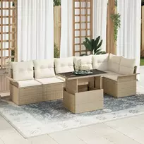 Lauko baldų komplektas Sodo Sofų Rinkinys su pagalve 7 pcs Smėlio Poli ratanas