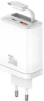 Laidinis įkroviklis USAMS Xiang Series CC296 30W 1xUSB-C 1xUSB-A + USB-C kabelis baltos spalvos