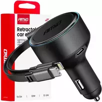 Automobilinis įkroviklis su ištraukiamu C kabeliu, Lightning ir USB-C 12/24V 60W AMIO-04370