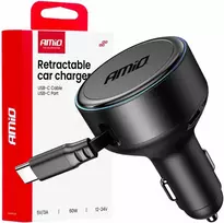 Automobilinis įkroviklis su ištraukiamu C kabeliu ir USB-C 12/24V 60W AMIO-04368