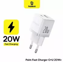 Baseus Sieninis įkroviklis Palm 20W USB + USB-C QC3.0 PD3.0 su USB-C kabeliu 1m, baltas