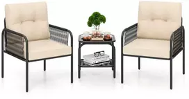 Lauko baldų komplektas Promotions Terasos bistro baldų komplektas, 3 dalių, 66x58.4x76.2 cm kėdės, 43.2x43.2x43.2 cm stalas, juodas rotangas, smėlio spalvos pagalvėlės