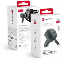 Car charger Forcell F-Energy Alu USB C + USB A + retractable cable USB C PD QC4.0 SFC2.0 3A 75W juodas