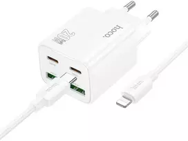 Phone charger Hoco 2 x USB C + 2 x USB A QC3.0 PD 3A 20W + cable USB C to Lightning N55 baltas