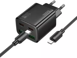 Telefono įkroviklis Hoco 2 x USB C + 2 x USB A QC3.0 PD 3A 30W + laidas USB C į Lightning N56 juodas